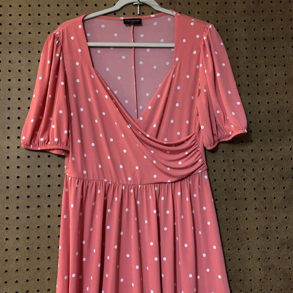 Lane Bryant Pink Polka Dot Faux Wrap Dress Stretch Pastel Cottagecore Twee 10/12 - Picture 1 of 6